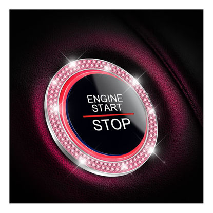 Picture of Car Bling Crystal Rhinestone Engine Start Ring Decals, 2 Pack Car Push Start Button Cover/Sticker, Key Ignition Knob Bling Ring, Sparkling Car Interior Accessories for Women (Pink1)