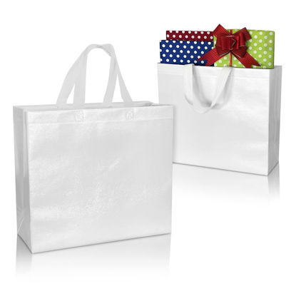Picture of 12 White Gift Bags Set, Non-Woven Reusable Shiny Gift Bags with Glossy White Finish - Birthday Gift Bag, Party Favor Bags, Goodie Bags for Wedding, Baby Shower | 13x5x11" Medium-Large Size White Bags