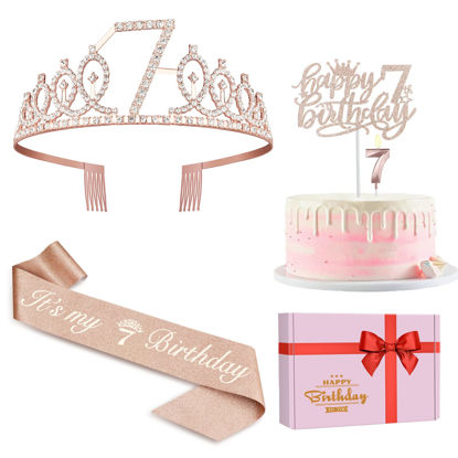 Picture of 7th Birthday Decorations for Girl Including 7th Birthday Girl Sash, Birthday Crown for Girls, Numeral 7 Candle and Cake Topper, 7 Year Old Birthday Decorations for Girls Rose Gold Party Favor Supplies