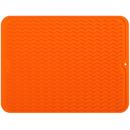 Picture of MicoYang Silicone Dish Drying Mat for Multiple Usage,Easy clean,Eco-friendly,Heat-resistant Silicone Mat for Kitchen Counter or Sink,Refrigerator or drawer liner Orange L 16 inches x 12 inches