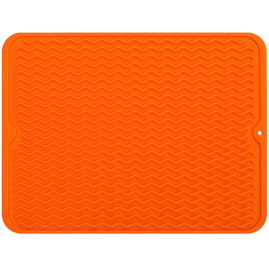 Picture of MicoYang Silicone Dish Drying Mat for Multiple Usage,Easy clean,Eco-friendly,Heat-resistant Silicone Mat for Kitchen Counter or Sink,Refrigerator or drawer liner Orange L 16 inches x 12 inches
