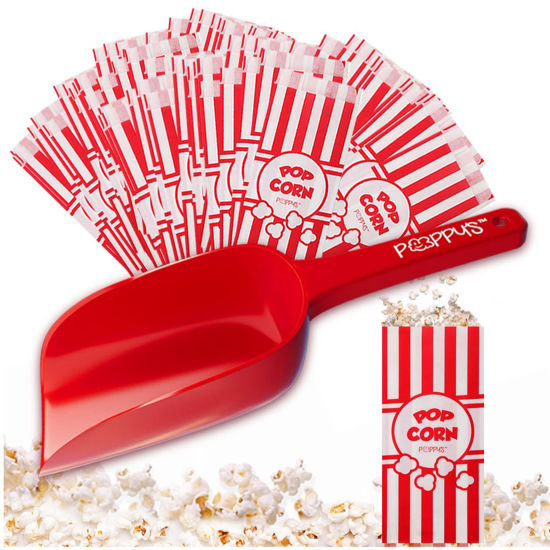 Picture of Poppy's Plastic Popcorn Scoop Bundle - 200 Bags and Plastic Popcorn Scooper, Popcorn Machine Accessories for Popcorn Bars, Movie Nights, Concessions