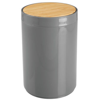 Picture of mDesign Plastic Round Trash Can Small Wastebasket, Garbage Bin Container with Swing-Close Lid, Kitchen, Bathroom, Home Office, Bedroom Basket; Holds Waste, Recycling,1.3 Gallon - Charcoal Gray/Natural