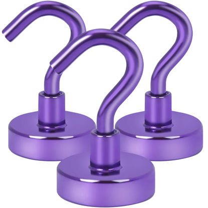 Picture of DIYMAG Magnetic Hooks Heavy Duty, 22Lbs Rare Earth Neodymium Magnet Hooks with Nickel Coating for Kitchen, Garage, Cruise, Classroom, Workplace and Office etc, (Purple，Pack of 3)