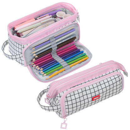 Picture of EOOUT Large Capacity Pencil Case Pencil Pouch Box, Big Organized Pencil Bag with Handle Cute Cosmetic Bag for College Middle School Travel Office Supllies Organizer (Plaid White)
