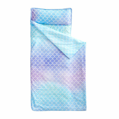 Picture of Wake In Cloud - Extra Long Nap Mat with Removable Pillow for Kids Toddler Boys Girls Daycare Preschool Kindergarten Sleeping Bag, Mermaids Scales in Gradient Pink Purple Blue, 100% Soft Microfiber