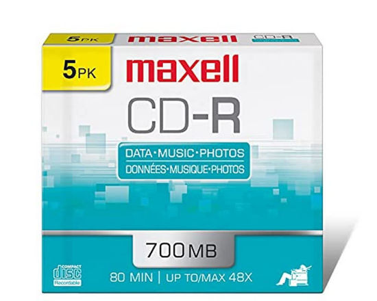Picture of Maxell - 648205, Polycarbonate Substrate CD-R Disc - High-Quality Media for Data Storage, Music & Archiving - 700MB/80 Min Capacity with 48X Write Speed - 5 Pack with Jewel Cases