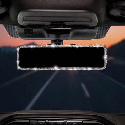 Picture of JoyTutus Bling Car Rear View Mirror, Universal 11.81 Inch Panoramic Rearview Mirror Accessories with Bling Rhinestones Crystal Diamonds Edge, Interior Clip-on Wide Angle Rear View Mirror -Bling