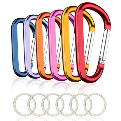 Picture of 6PCS Carabiner Caribeaner Clip,3" Large Aluminum D Ring Shape Carabeaner with 6PCS Keyring Keychain Hook (Orange+Red+Yellow+Navy+Pink+Pale Purple)