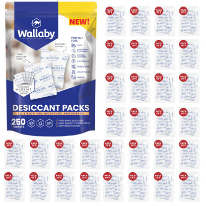 Picture of Wallaby 2 gram (250 Packets) Food Safe Pure White Silica Gel Desiccant Dehumidifier Packs - Rechargeable & Coated Moisture Absorbers - Protects Against Moisture Damage - (Packed in 50x Sets of 5)