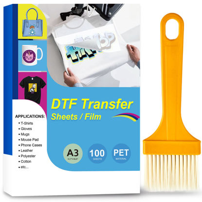 Picture of DTF Transfer Film with Brush - 100 Sheets A3/11.7 x 13.6" Premium PET Heat Direct to Film Transfer Paper for Sublimation Printer, Cold & Hot Peel DTF Paper on T Shirts, Easy to Use - by Godora