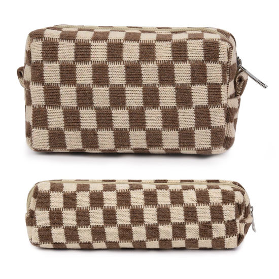  SOIDRAM Makeup Bag Checkered Cosmetic Bag Brown