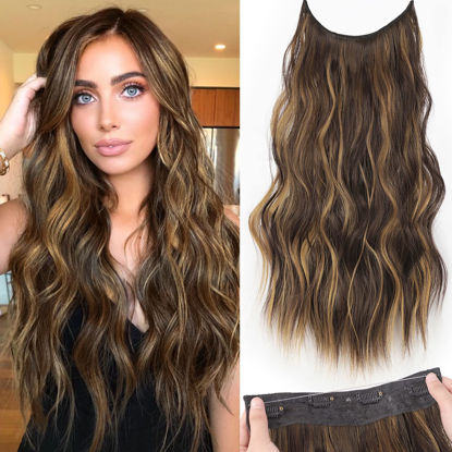 Picture of KooKaStyle Invisible Wire Hair Extensions with Transparent Headband Adjustable Size 4 Secure Clips Long Wavy Secret Wire Hairpiece 20 Inch Chestnut Brown with Blonde Highlights for Women