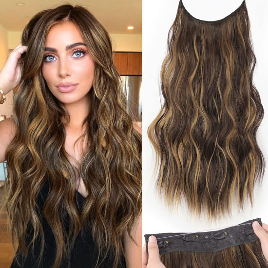 Picture of KooKaStyle Invisible Wire Hair Extensions with Transparent Headband Adjustable Size 4 Secure Clips Long Wavy Secret Wire Hairpiece 20 Inch Chestnut Brown with Blonde Highlights for Women