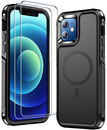 Picture of Temdan for iPhone 12 Case for iPhone 12 Pro Case, [Compatible with MagSafe][12 FT Military Grade Drop Protection] with 2 Pack Glass Screen Protector Non-Slip Shockproof Case,Black