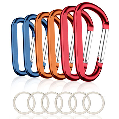 Picture of 6PCS Carabiner Caribeaner Clip,3" Large Aluminum D Ring Shape Carabeaner with 6PCS Keyring Keychain Hook (2 Orange+2 Navy+2 Red)