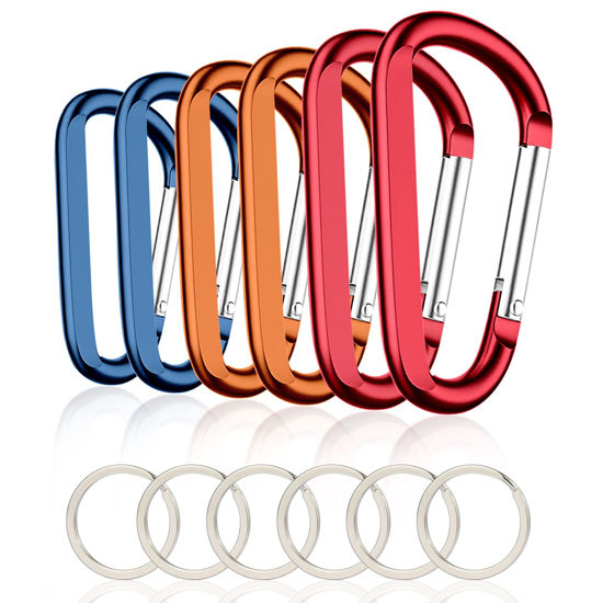 Picture of 6PCS Carabiner Caribeaner Clip,3" Large Aluminum D Ring Shape Carabeaner with 6PCS Keyring Keychain Hook (2 Orange+2 Navy+2 Red)