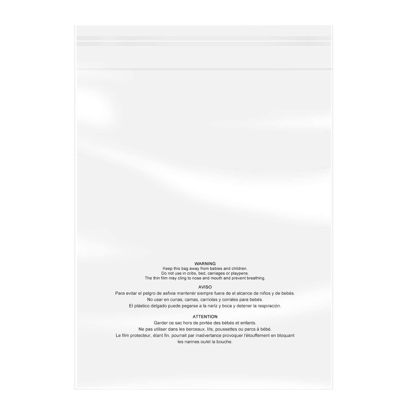 Picture of 100 Count - 18" x 24", Self Seal 1.6 Mil Clear Plastic Poly Bags with Suffocation Warning for Clothing, T-Shirts, Pants-Resealable Adhesive,Not Strong