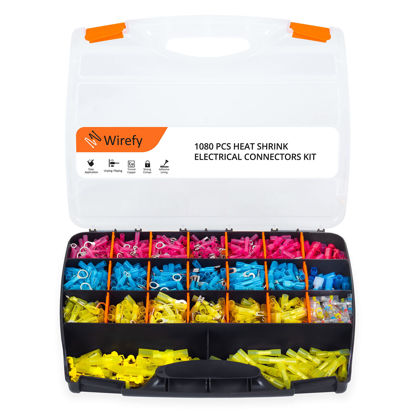 Picture of Wirefy Heat Shrink Wire Connectors Kit - Marine Grade Electrical Connectors - Automotive Butt Connectors - Insulated Ring, Spade, Fork, Hook, T-Tap Crimp Terminals - 22-10 Gauge - 1080 PCS