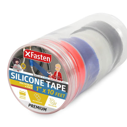 Picture of XFasten Multicolor Silicone Tape for Plumbing, 1” X 10-Feet Silicone Grip Tape Pack of 4, Plumbing Tape for Leaks Self Fusing Silicone Tape, Plumbing Tape for Hose, Stop Leak Tape, Emergency Tape