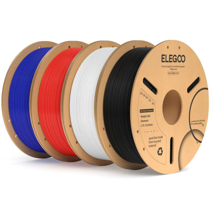 Picture of ELEGOO PLA+ Filament 1.75mm Bundle 4KG, PLA Plus Tough 3D Printer Filament Dimensional Accuracy +/- 0.02mm, 4 Pack 1kg Spool(2.2lbs) Fits for Most FDM 3D Printers(Black, White, Blue, Red)
