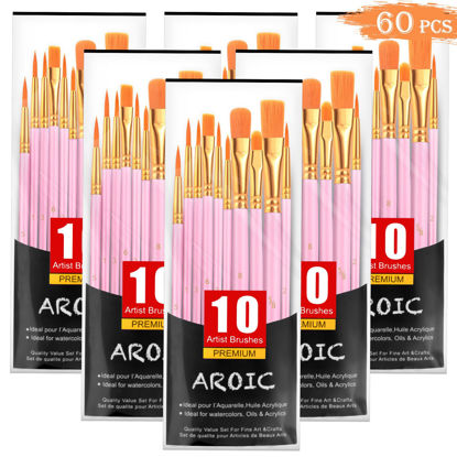 Picture of AROIC Acrylic Paint Brushes, 6 Packs/60 pcs Nylon Hair Paint Brush Set for All Purpose Oil Watercolor Painting Artist Professional Kits (Pink)