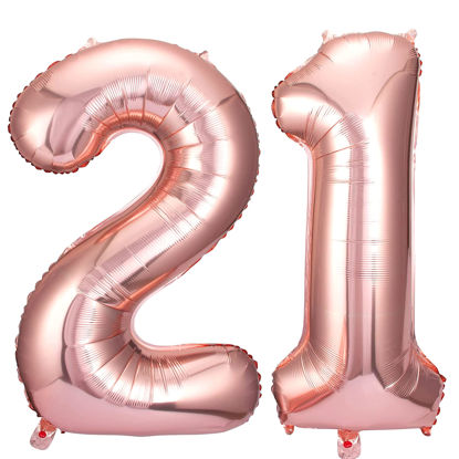Picture of 21 Number Balloons Rose Gold Big Giant Jumbo Number 21 Foil Mylar Balloons for 21st Birthday Party Supplies 21 Anniversary Events Decorations