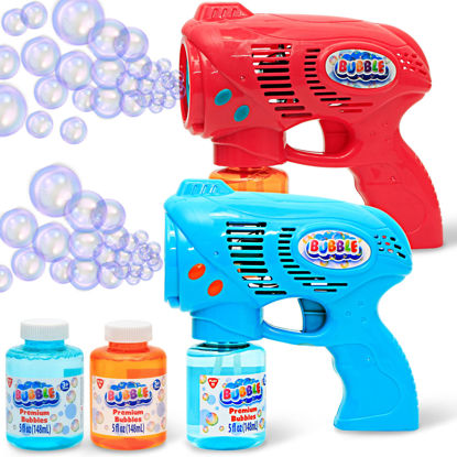 Picture of JOYIN 2 Bubble Guns with 2 Bubble Refill Solution (10 oz Total), Bubbles Maker, Blower, Machine Gun Blaster for Kids, Toddlers, Outdoors Activity, Party, Birthday Gift, Easter Bubble Toys (Blue+Red)