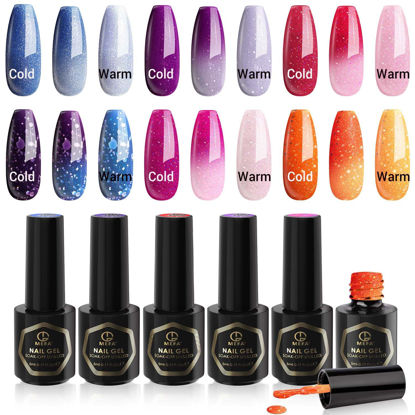Picture of MEFA Color Changing Gel Nail Polish Set 6 Colors, Glitter Temperature Mood Changing Blue Pink Purple Red Orange Changed Ombre Soak Off Nail Art Design Kit Manicure at Home DIY Special Gifts for Women Girls