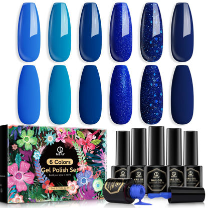Picture of MEFA Blue Gel Nail Polish Set,6 Colors Midnight Navy Sapphire Blue Nail Polish Azure Glitter Dark Shades Starter Kit Soak Off Blue Shimmer Gel Nail Art Design DIY Salon Manicure Holiday Gift for Women