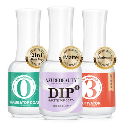 Picture of AZUREBEAUTY 3 Pcs Dip Powder Liquid Set, 2 in 1 Base & Top Coat with Activator & Matte Coat Professional Dipping Powder Essential Set for Dip Nail Art, 15ml/0.5oz, Fast Dry, No Nail Lamp Needed