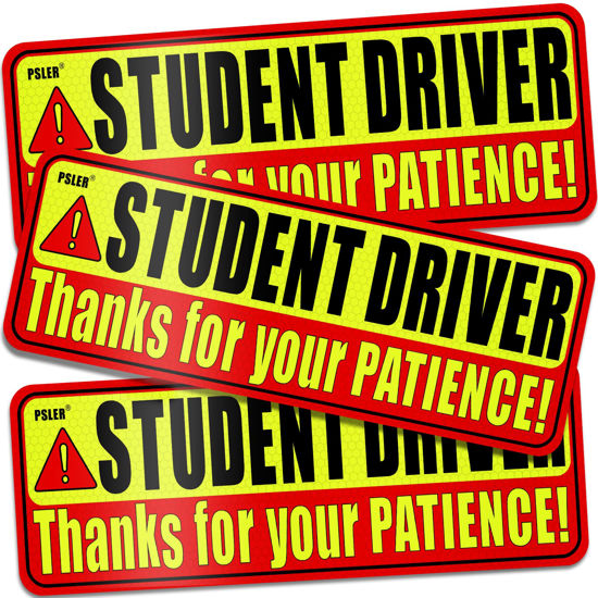 Picture of psler Student Driver Magnet for Car,be Patient Student Driver Magnet Boys and Girls New Student Driver Sticker Safety Warning Red and Yellow Reflective Signs Reusable Movable 9.45×3.2inch 3 Pcs Gifts