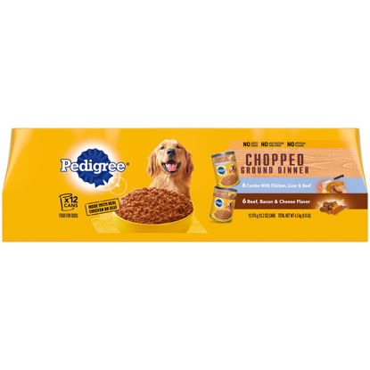 Picture of PEDIGREE CHOPPED GROUND DINNER Adult Canned Soft Wet Dog Food Combo with Chicken, Liver & Beef and Beef, Bacon & Cheese Flavor Variety Pack, 13.2 oz. Cans (Pack of 12)