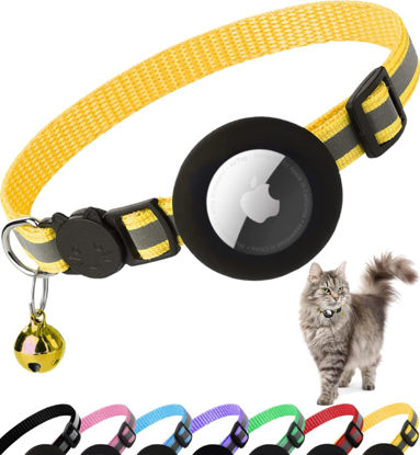 Picture of Airtag Cat Collar Breakaway, Reflective Kitten Collar with Apple Air Tag Holder and Bell for Girl Boy Cats, 0.4 Inches in Width and Lightweight(Yellow)
