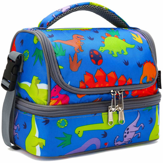 Picture of FlowFly Kids Double Decker Cooler Insulated Lunch Bag Large Tote for Boys, Girls, Men, Women, With Adjustable Strap, Dinosaur