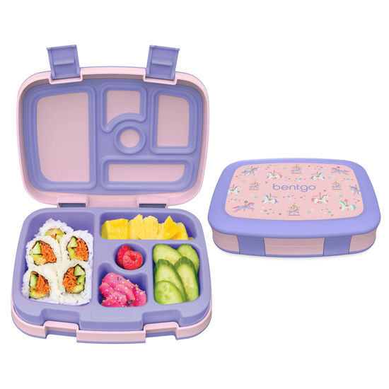 Picture of Bentgo® Kids Prints Leak-Proof, 5-Compartment Bento-Style Kids Lunch Box - Ideal Portion Sizes for Ages 3 to 7 - BPA-Free, Dishwasher Safe, Food-Safe Materials (Carousel Unicorns)