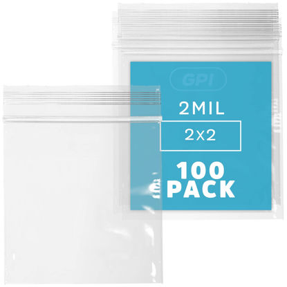 Picture of Clear Plastic RECLOSABLE Zip Bags - Bulk GPI Pack of 100 2" x 2" 2.5 mil Thick Strong Poly Baggies with Resealable Zip Top Lock for Pills, Meds, Jewelry, Travel, Storage, Packaging & Shipping.