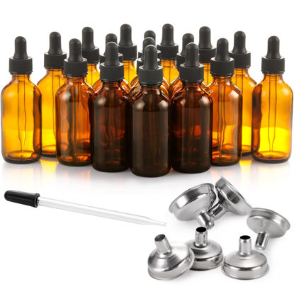 Picture of Dark Amber Dropper Bottles with 6 Small Funnels & 1 Long Glass Labels - 60ml Tincture Eye Droppers for Essential Oils, Perfume, Hair / Body Liquids, 2 oz, 24 Pcs