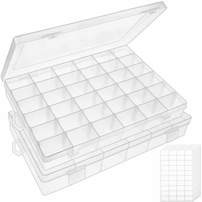 Picture of OUTUXED 2pack 36 Grids Clear Plastic Organizer Box Container Craft Storage with Adjustable Dividers for Beads Organizer Art DIY Crafts Jewelry Fishing Tackles with 5 Sheets Label Stickers