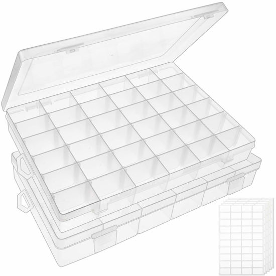 Picture of OUTUXED 2pack 36 Grids Clear Plastic Organizer Box Container Craft Storage with Adjustable Dividers for Beads Organizer Art DIY Crafts Jewelry Fishing Tackles with 5 Sheets Label Stickers