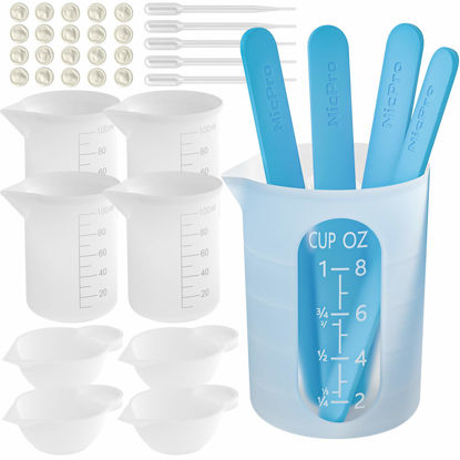 Picture of Silicone Resin Measuring Cups Tool Kit- Nicpro 250 & 100 ml Measure Cups, Silicone Popsicle Stir Sticks, Pipettes, Finger Cots for Epoxy Resin Mixing, Molds, Jewelry Making, Waxing, Easy Clean