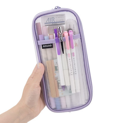 Picture of EASTHILL Grid Mesh Pen Pencil Case with Zipper Clear Makeup Color Pouch Cosmetics Bag Multi-Purpose Travel School Teen Girls Transparent Stationary Bag Office Organizer Box for Adluts(Purple)