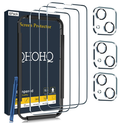Picture of QHOHQ 3 Pack Screen Protector for iPhone 14 Plus 6.7 Inch with 3 Pack Tempered Glass Camera Lens Protector, Ultra HD, 9H Hardness, Case Friendly [Easy to Install Frame]