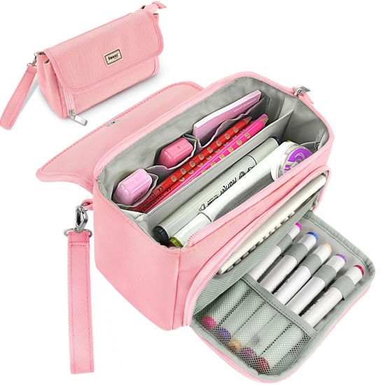GetUSCart- Sooez Large Pencil Case,Big Capacity Pencil Bag with 3  Compartments,Cute Canvas Pencil Pouch Organizer with Zipper, Portable  Stationery Pen Bag, Cute Aesthetic School Supplies For Teen Girls, Pink