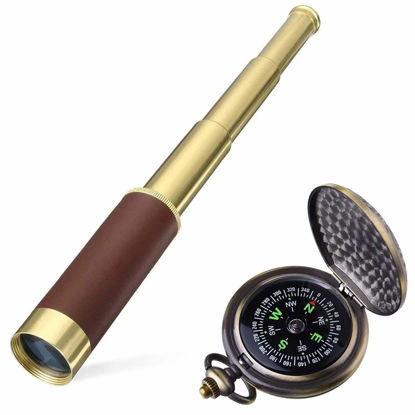 Picture of Retro Pirate Telescope Spyglass for Kids Adults Portable Collapsible Handheld Telescope Monocular Zoomable 25x30 & Survival Gear Compass Pocket Military Compass for Outdoor Camping Hiking Boating