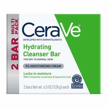 Picture of CeraVe Hydrating Cleanser Bar | Soap-Free Body and Facial Cleanser with 5% Cerave Moisturizing Cream | Fragrance-Free | 2-Pack, 4.5 Ounce Each