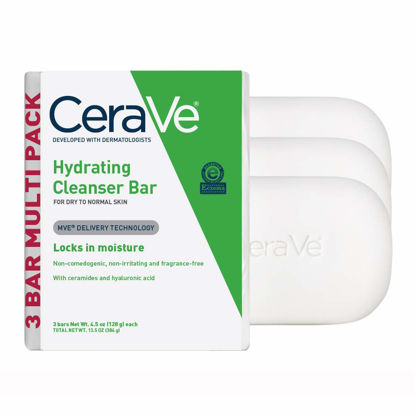 Picture of CeraVe Hydrating Cleanser Bar | Soap-Free Body and Facial Cleanser with 5% Cerave Moisturizing Cream | Fragrance-Free |3-Pack, 4.5 Ounce Each