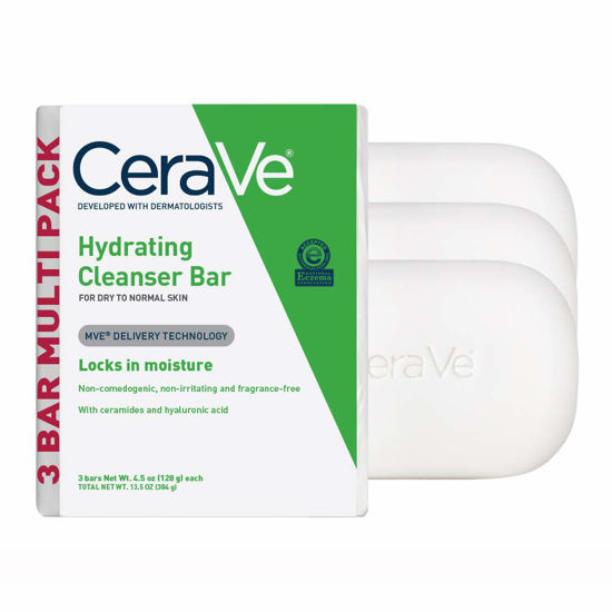 Picture of CeraVe Hydrating Cleanser Bar | Soap-Free Body and Facial Cleanser with 5% Cerave Moisturizing Cream | Fragrance-Free |3-Pack, 4.5 Ounce Each