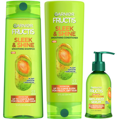 Picture of Garnier Fructis Sleek & Shine Shampoo, Conditioner + Anti-Frizz Serum Set for Frizzy, Dry Hair, Argan Oil (3 Items), 1 Kit (Packaging May Vary)