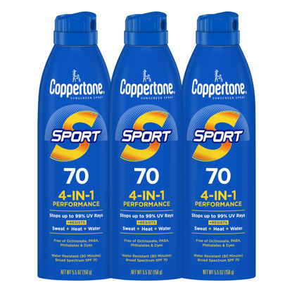Picture of Coppertone SPORT Sunscreen Spray SPF 70, Water Resistant Sunscreen, Broad Spectrum SPF 70 Sunscreen, Bulk Sunscreen Pack, 5.5 Oz Spray, Pack of 3